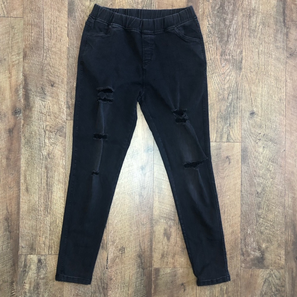 Lara Women’s Distressed Straight Leg Pants Pockets Elastic Waist Black 2XL